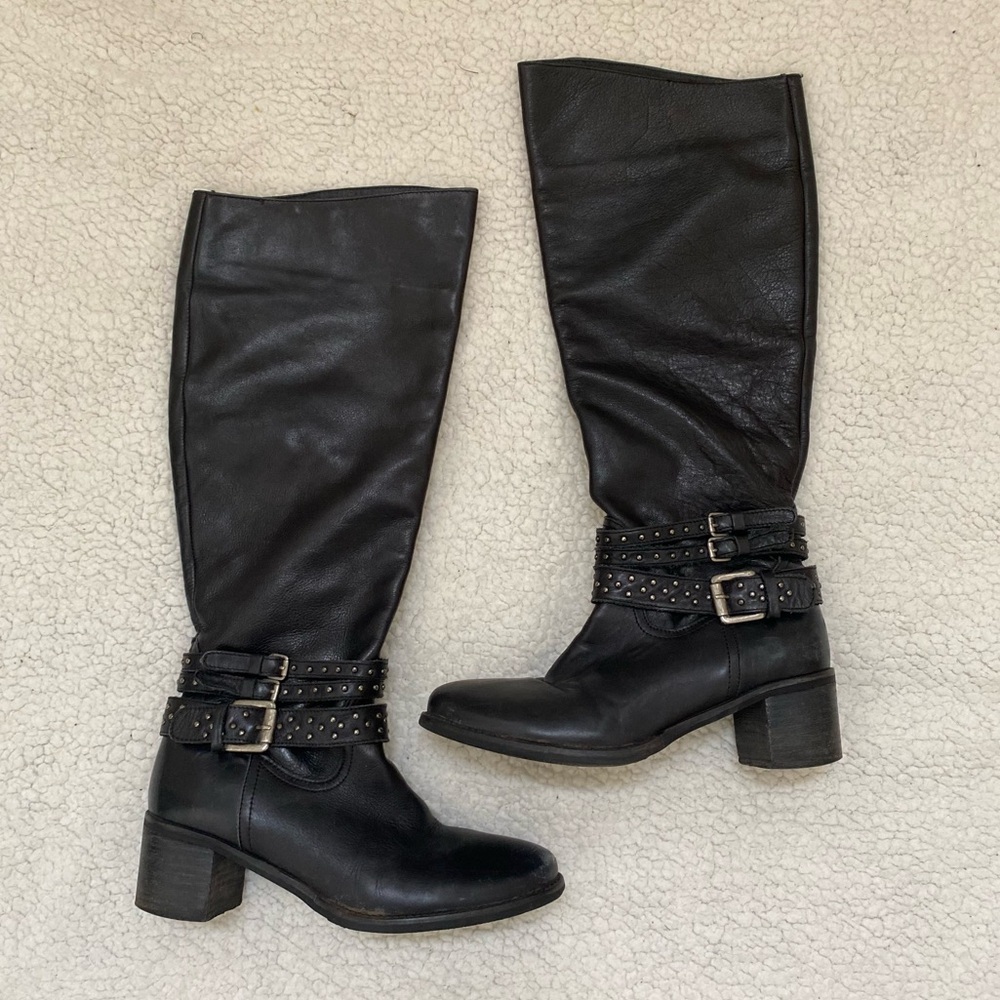 Matisse Nory leather knee-high boots heeled black moto Sz 8